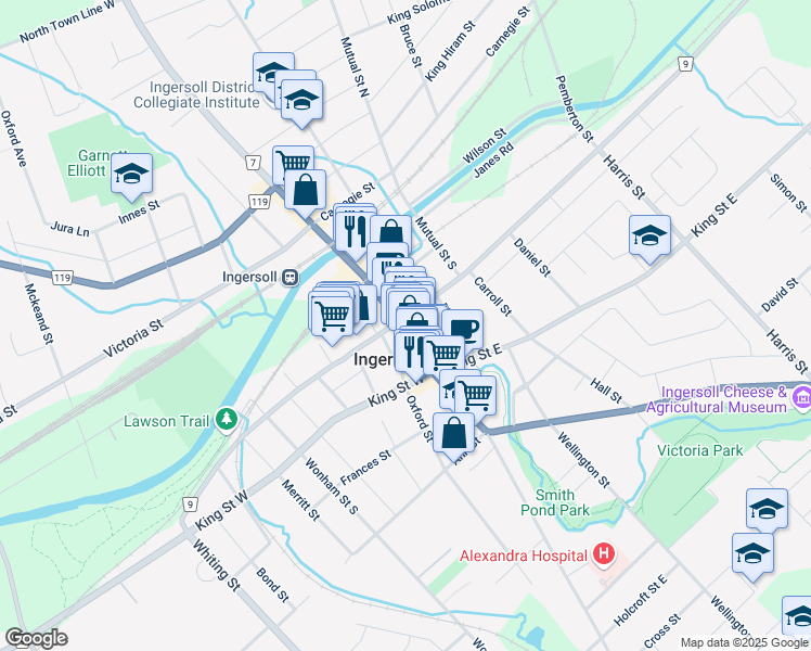 map of restaurants, bars, coffee shops, grocery stores, and more near 103 Thames Street South in Ingersoll