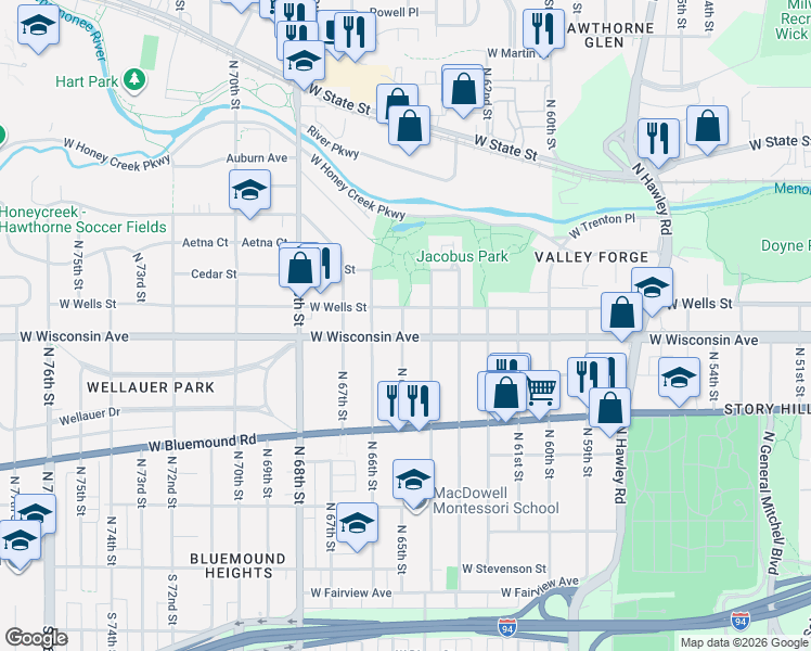 map of restaurants, bars, coffee shops, grocery stores, and more near 6425 West Wells Street in Wauwatosa