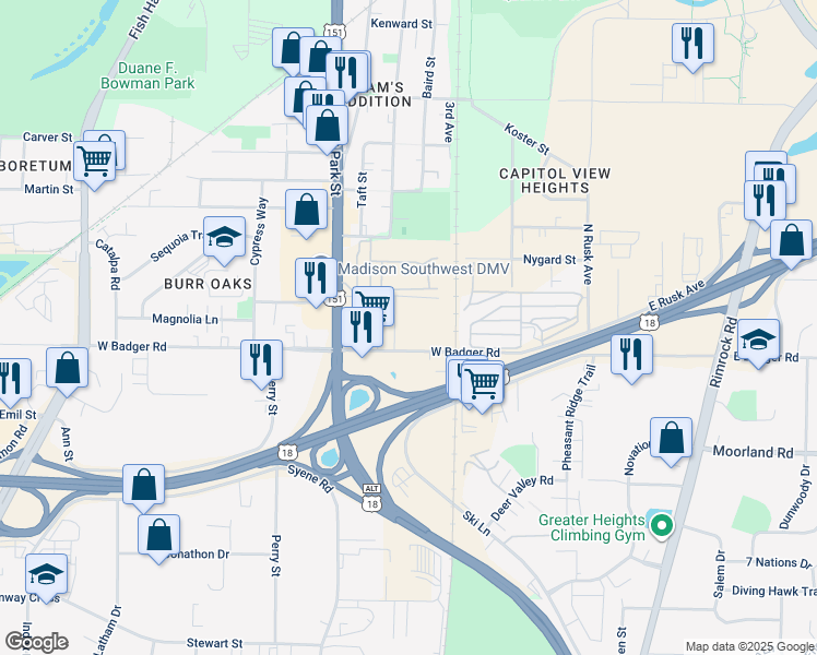 map of restaurants, bars, coffee shops, grocery stores, and more near 2341 Badger Parkway in Madison