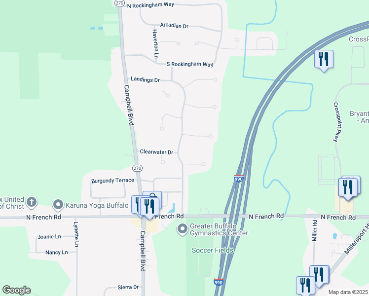 map of restaurants, bars, coffee shops, grocery stores, and more near 161 Landings Drive in Buffalo