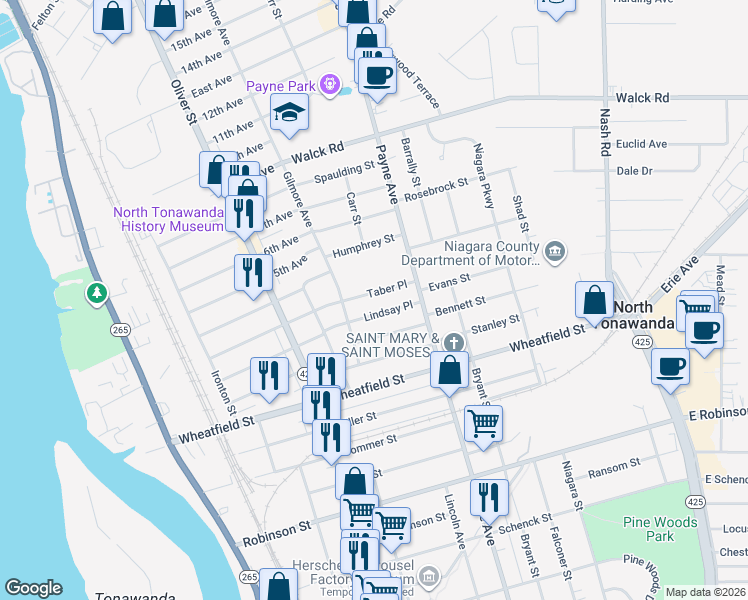 map of restaurants, bars, coffee shops, grocery stores, and more near 192 Taber Place in North Tonawanda