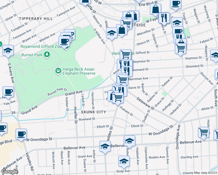 map of restaurants, bars, coffee shops, grocery stores, and more near 217 Grand Avenue in Syracuse