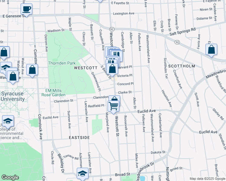 map of restaurants, bars, coffee shops, grocery stores, and more near 100 Concord Place in Syracuse