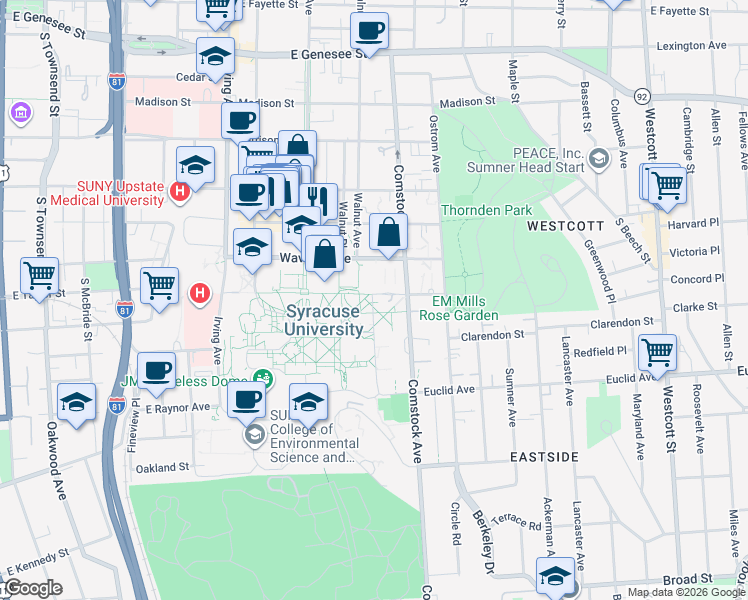 map of restaurants, bars, coffee shops, grocery stores, and more near 780 Comstock Avenue in Syracuse