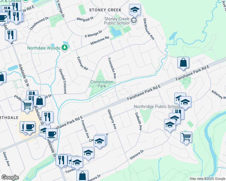 map of restaurants, bars, coffee shops, grocery stores, and more near 1549 Trossacks Avenue in London