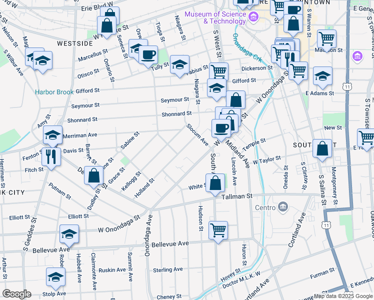 map of restaurants, bars, coffee shops, grocery stores, and more near 123-25 Holland Street in Syracuse