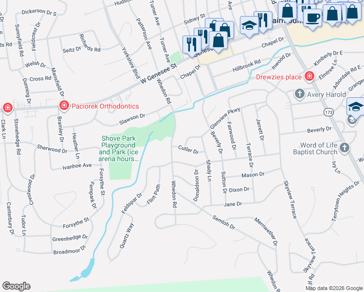 map of restaurants, bars, coffee shops, grocery stores, and more near 108 Cutler Drive in Syracuse