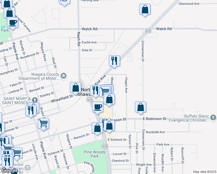 map of restaurants, bars, coffee shops, grocery stores, and more near 188 Mead Street in North Tonawanda