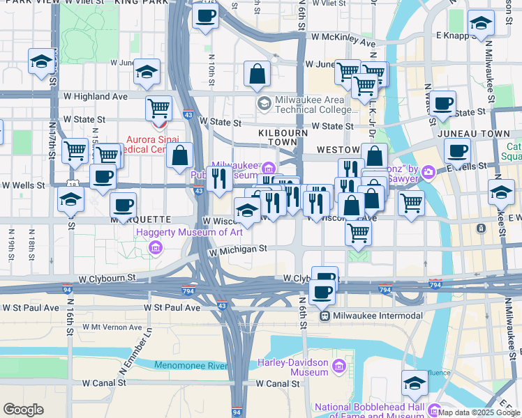 map of restaurants, bars, coffee shops, grocery stores, and more near 750 North 8th Street in Milwaukee