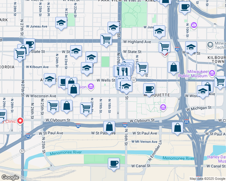 map of restaurants, bars, coffee shops, grocery stores, and more near 721 North 17th Street in Milwaukee