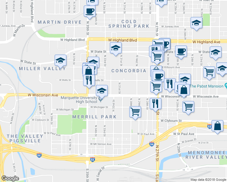 map of restaurants, bars, coffee shops, grocery stores, and more near 734 North 32nd Street in Milwaukee