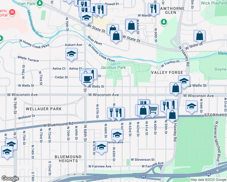 map of restaurants, bars, coffee shops, grocery stores, and more near 6425 West Wells Street in Wauwatosa