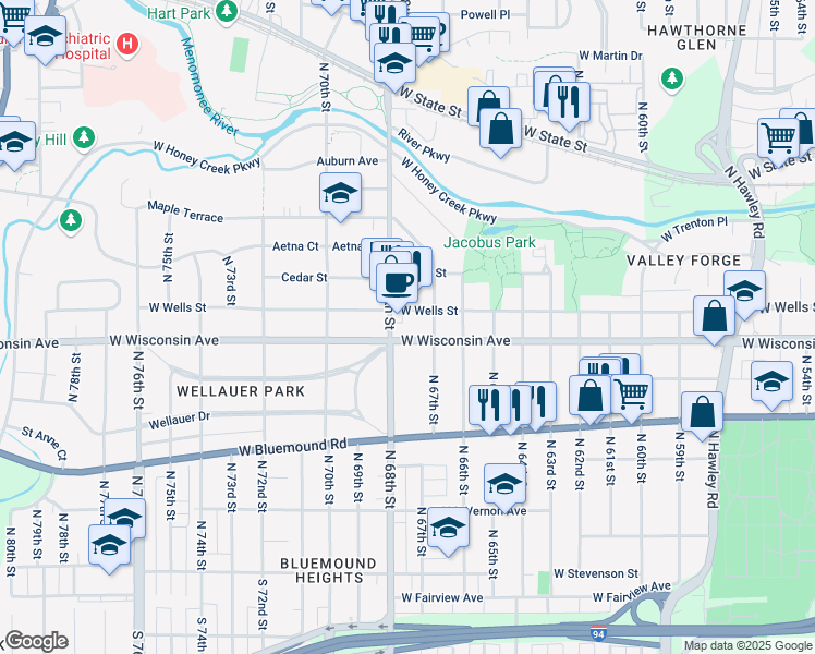 map of restaurants, bars, coffee shops, grocery stores, and more near 6707 West Wells Street in Wauwatosa
