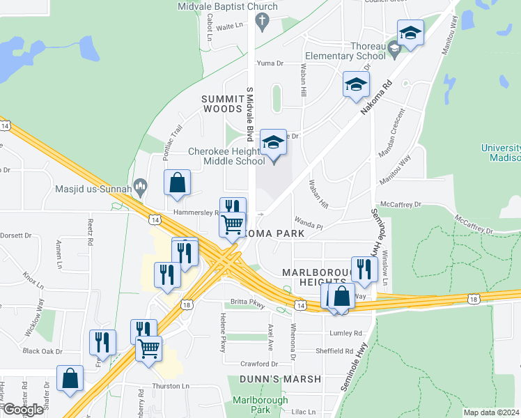 map of restaurants, bars, coffee shops, grocery stores, and more near 1209 South Midvale Boulevard in Madison