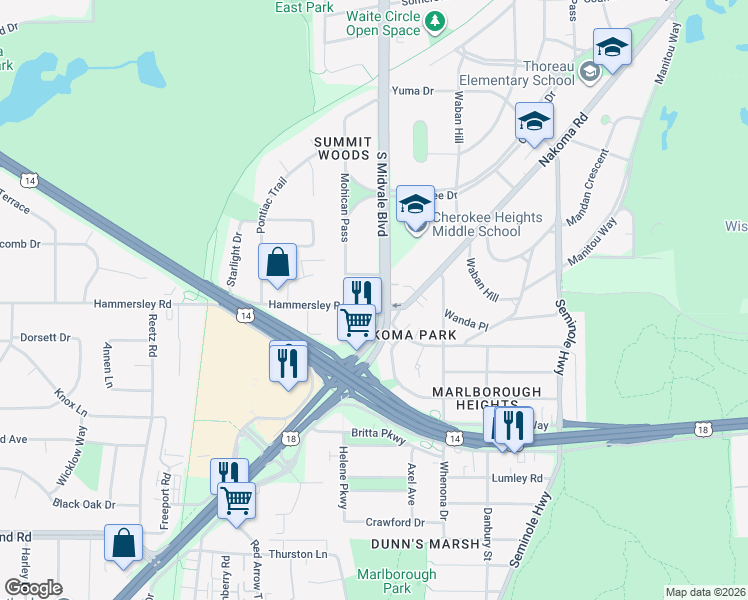 map of restaurants, bars, coffee shops, grocery stores, and more near 1209 South Midvale Boulevard in Madison