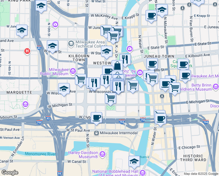 map of restaurants, bars, coffee shops, grocery stores, and more near 310 West Wisconsin Avenue in Milwaukee