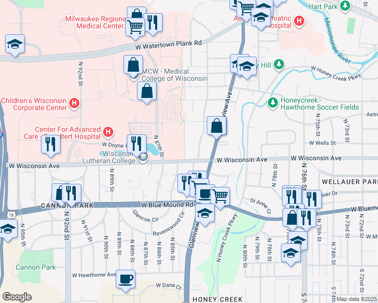 map of restaurants, bars, coffee shops, grocery stores, and more near 738 Windsor Court in Wauwatosa