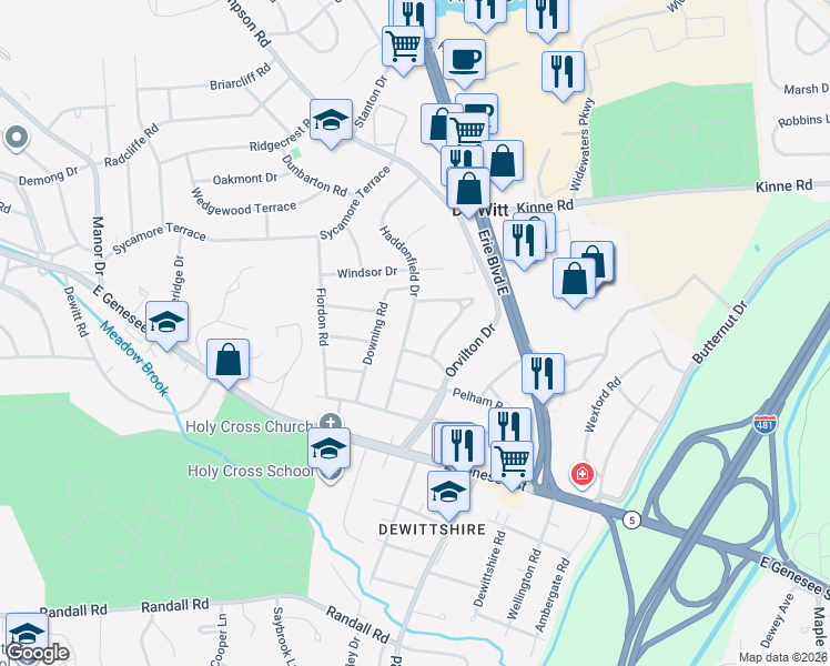 map of restaurants, bars, coffee shops, grocery stores, and more near 212 Haddonfield Drive in Syracuse