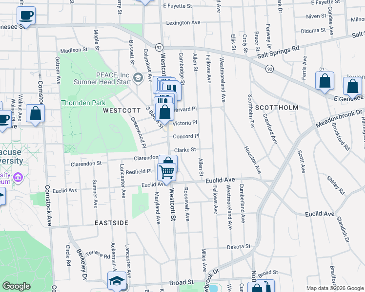map of restaurants, bars, coffee shops, grocery stores, and more near 118 Concord Place in Syracuse