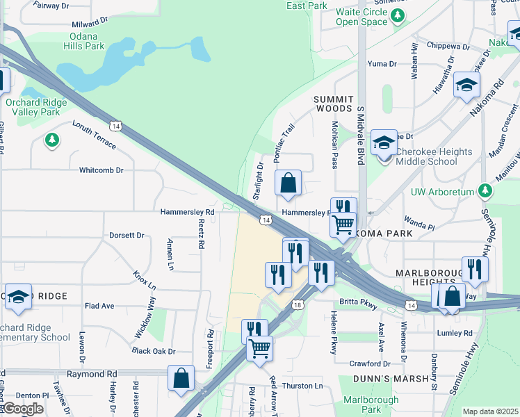 map of restaurants, bars, coffee shops, grocery stores, and more near 4718 Hammersley Rd in Madison