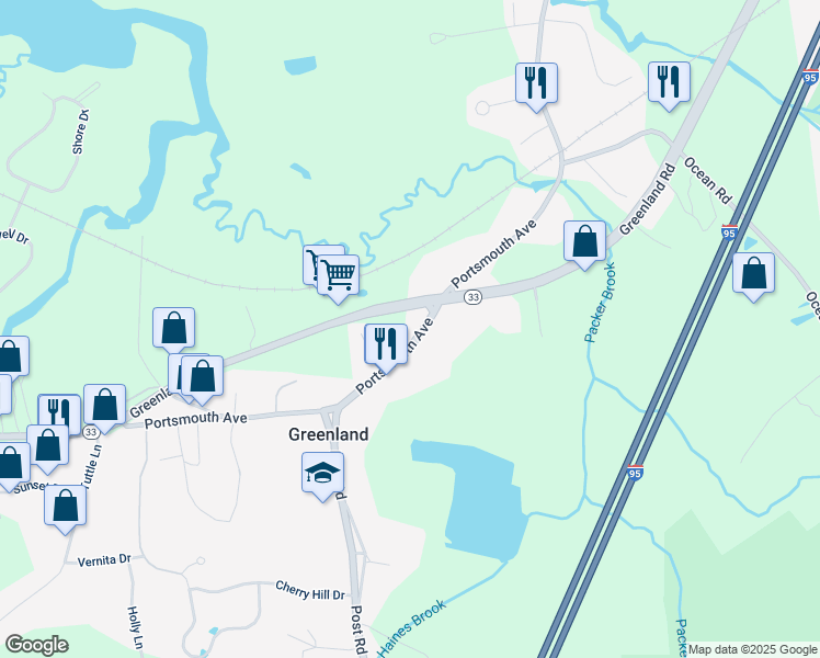map of restaurants, bars, coffee shops, grocery stores, and more near 400 Portsmouth Avenue in Greenland