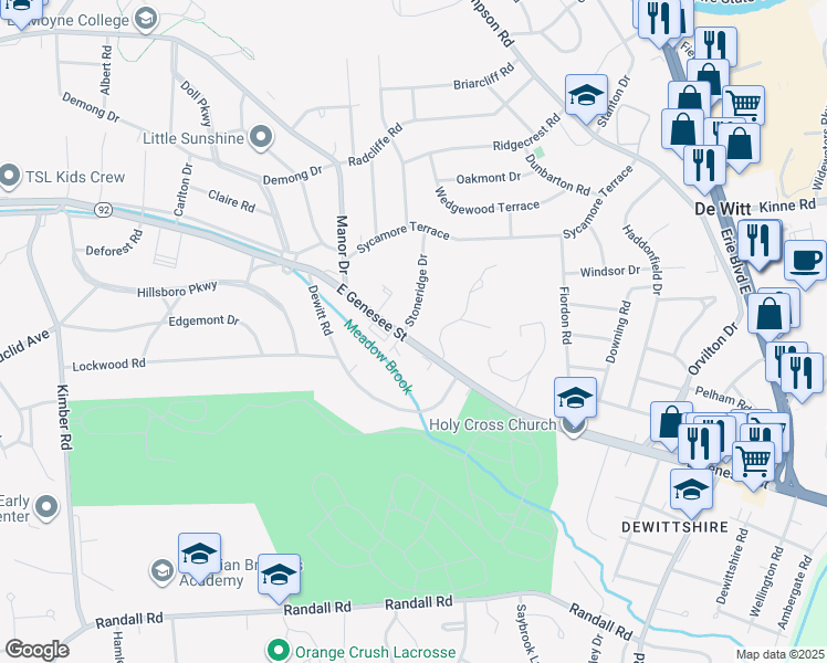 map of restaurants, bars, coffee shops, grocery stores, and more near 101 Stoneridge Drive in Syracuse