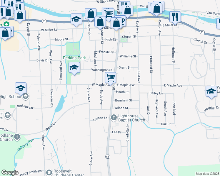 map of restaurants, bars, coffee shops, grocery stores, and more near 108 West Maple Avenue in Newark