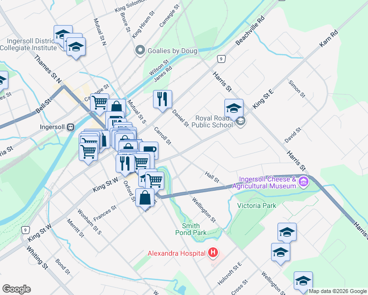 map of restaurants, bars, coffee shops, grocery stores, and more near 105 King Street East in Ingersoll