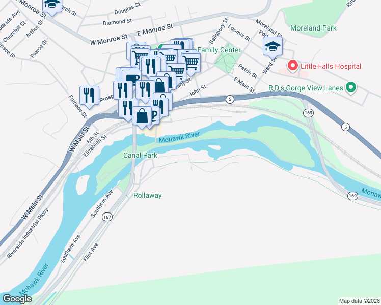 map of restaurants, bars, coffee shops, grocery stores, and more near 3 Danube Street in Little Falls