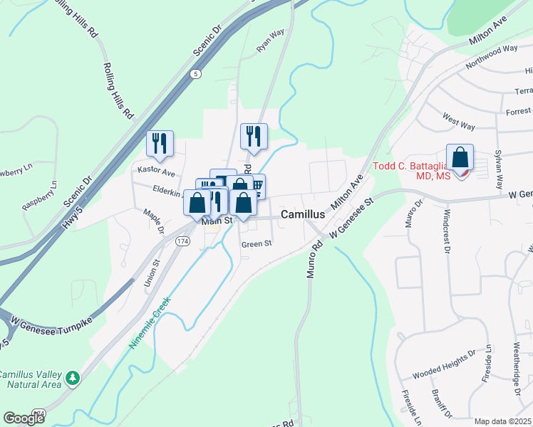 map of restaurants, bars, coffee shops, grocery stores, and more near 14 West Genesee Street in Camillus