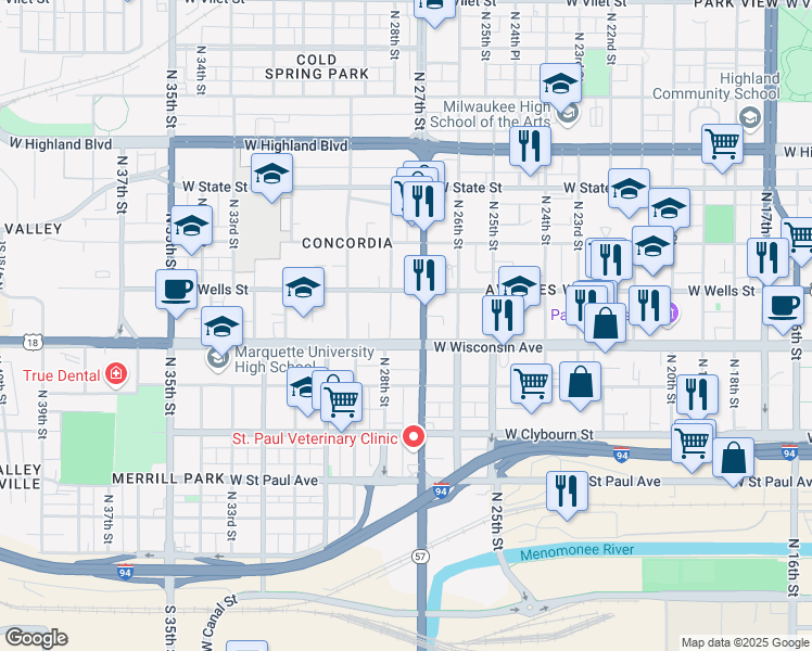map of restaurants, bars, coffee shops, grocery stores, and more near 2708 West Wisconsin Avenue in Milwaukee