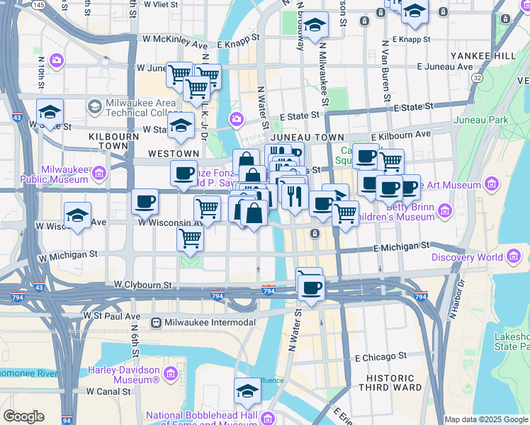 map of restaurants, bars, coffee shops, grocery stores, and more near North Riverwalk Way in Milwaukee