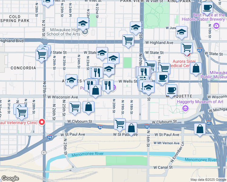 map of restaurants, bars, coffee shops, grocery stores, and more near 2000 West Wisconsin Avenue in Milwaukee