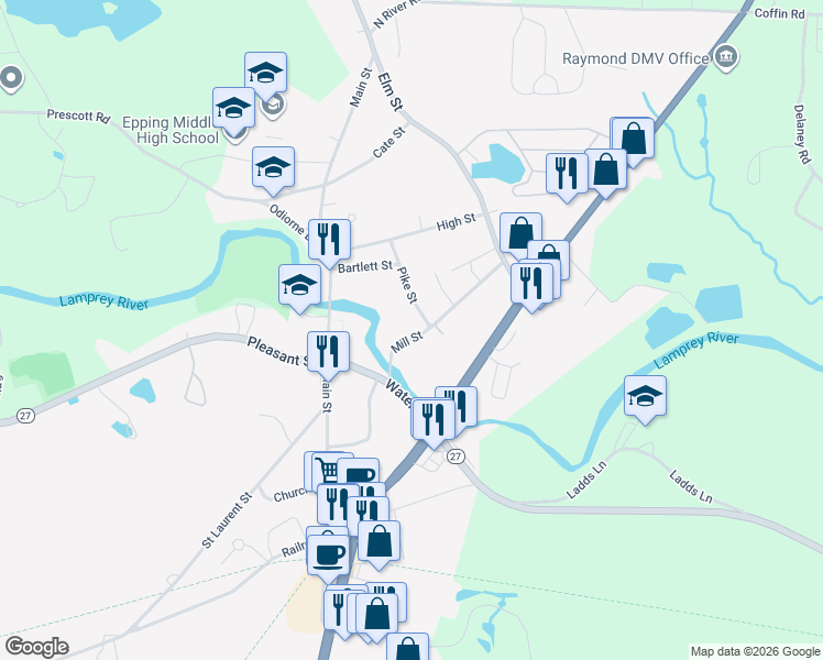 map of restaurants, bars, coffee shops, grocery stores, and more near 8 Pike Street in Epping