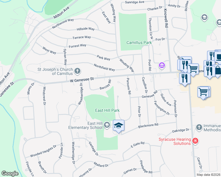 map of restaurants, bars, coffee shops, grocery stores, and more near 107 Barclay Road in Camillus