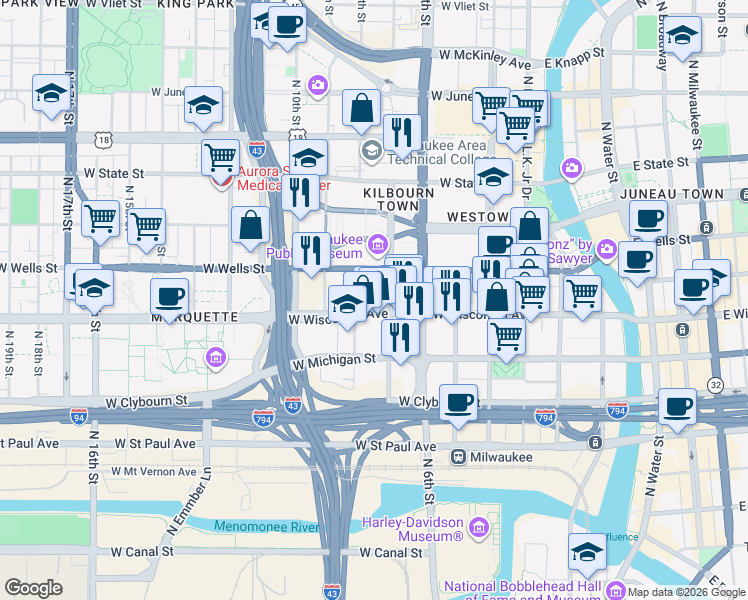 map of restaurants, bars, coffee shops, grocery stores, and more near 740-750 West Wisconsin Avenue in Milwaukee