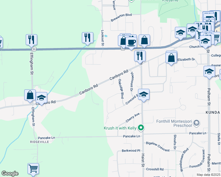 map of restaurants, bars, coffee shops, grocery stores, and more near 28 Oakridge Boulevard in Pelham