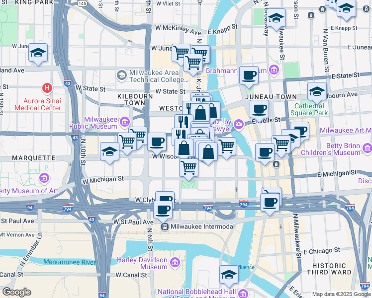 map of restaurants, bars, coffee shops, grocery stores, and more near 310 West Wisconsin Avenue in Milwaukee
