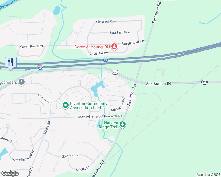 map of restaurants, bars, coffee shops, grocery stores, and more near 98 Mickens Bend in West Henrietta