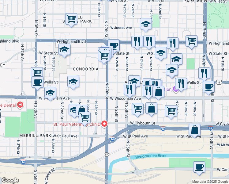 map of restaurants, bars, coffee shops, grocery stores, and more near 2602 West Wisconsin Avenue in Milwaukee