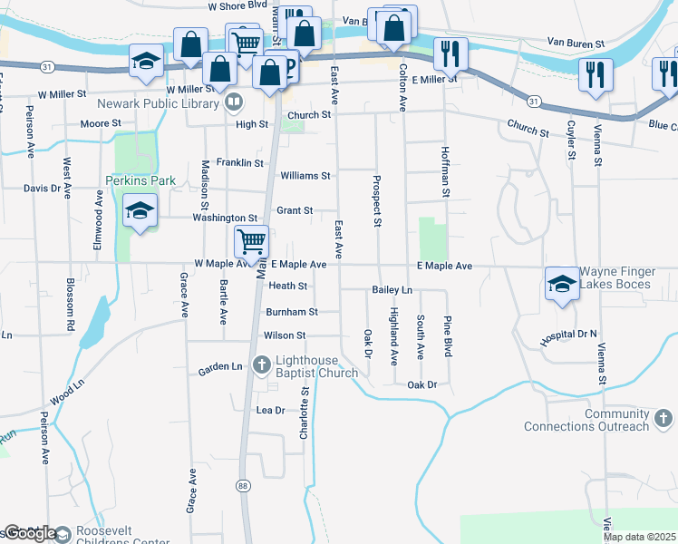 map of restaurants, bars, coffee shops, grocery stores, and more near 211 East Maple Avenue in Newark