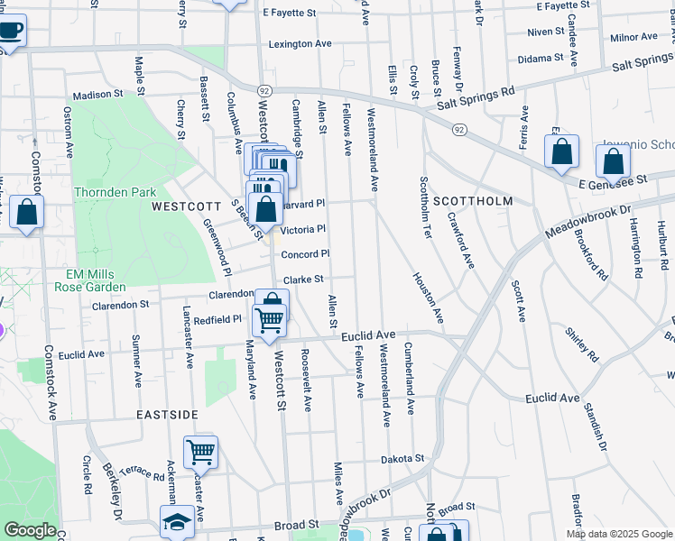 map of restaurants, bars, coffee shops, grocery stores, and more near 685 Allen Street in Syracuse