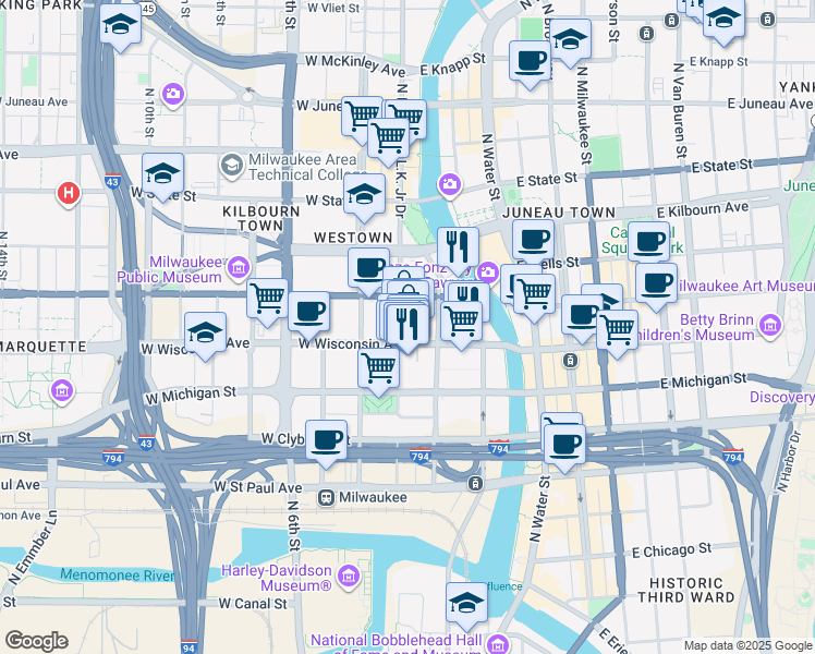 map of restaurants, bars, coffee shops, grocery stores, and more near in Milwaukee