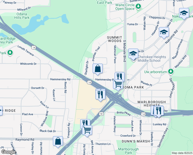 map of restaurants, bars, coffee shops, grocery stores, and more near 4604 Hammersley Road in Madison