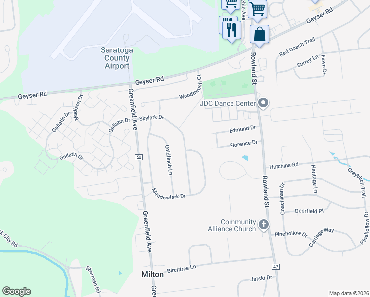 map of restaurants, bars, coffee shops, grocery stores, and more near 52 Skylark Drive in Ballston Spa