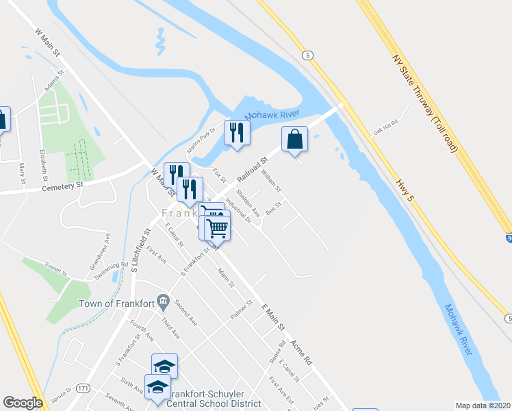 map of restaurants, bars, coffee shops, grocery stores, and more near 129 Sheldon Avenue in Frankfort