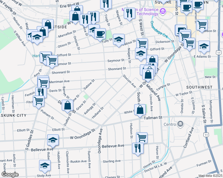 map of restaurants, bars, coffee shops, grocery stores, and more near 213 Congress Avenue in Syracuse