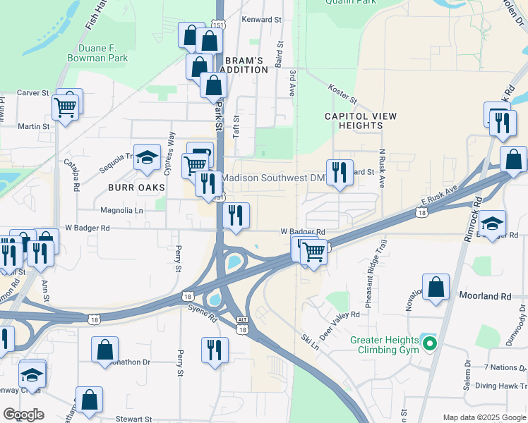 map of restaurants, bars, coffee shops, grocery stores, and more near 2331 Badger Parkway in Madison