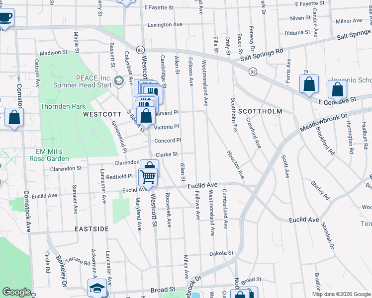 map of restaurants, bars, coffee shops, grocery stores, and more near 689 Allen Street in Syracuse