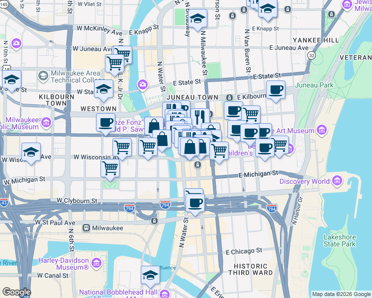 map of restaurants, bars, coffee shops, grocery stores, and more near 722 North Water Street in Milwaukee